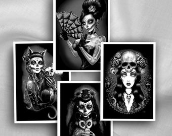 Gothic Art,Day of the Dead Art, Day of the Dead Picture ,Dia De Los Muertos, Black and White, home decor, Crow, Postcard set x 4