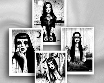 Witch, Black Witch, Gothic Art, Zombie Art, witches, witchcraft, occult, Black and White, home decor, Gothic Decor, Postcard set x 4