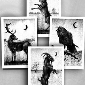 Witch postcards set x 4 , Black Witch, Gothic Art, Witch, Animals, witchcraft, Black and White, Folk Art, home decor, Gothic Decor, image 1