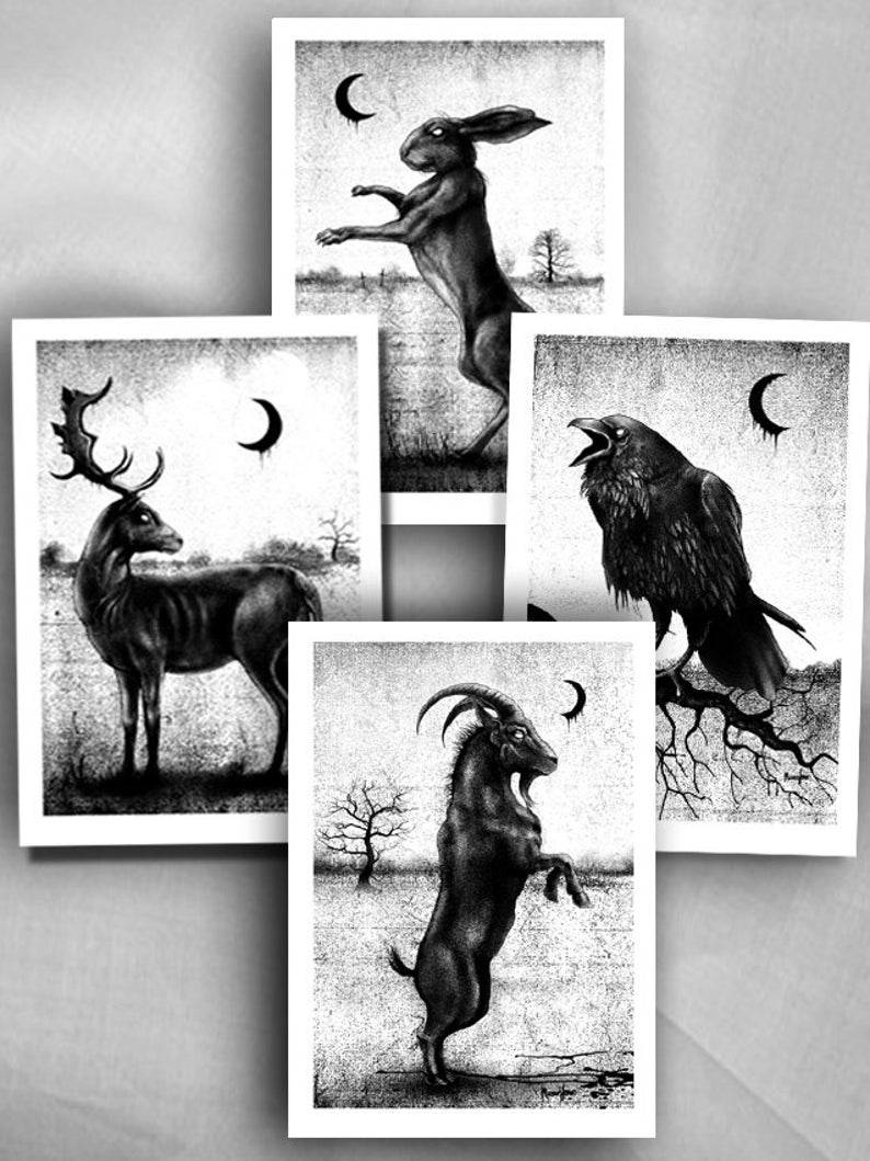 Witch postcards set x 4 , Black Witch, Gothic Art, Witch, Animals, witchcraft, Black and White, Folk Art, home decor, Gothic Decor, image 1