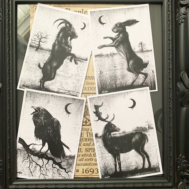 Ensemble de cartes postales de sorcière x 4, sorcière noire, art gothique, sorcière, animaux, sorcellerie, noir et blanc, art populaire, décor à la maison, décor gothique, image 3