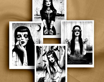 Large 8.5 x 6 inch Postcard Set, Witch, Black Witch, Gothic Art, witches, witchcraft, occult, Black and White, home decor, Gothic Decor