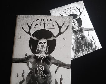 Witch, Witch Book, Black Witch, Gothic Art, Comic, witchcraft, occult, Black and White,