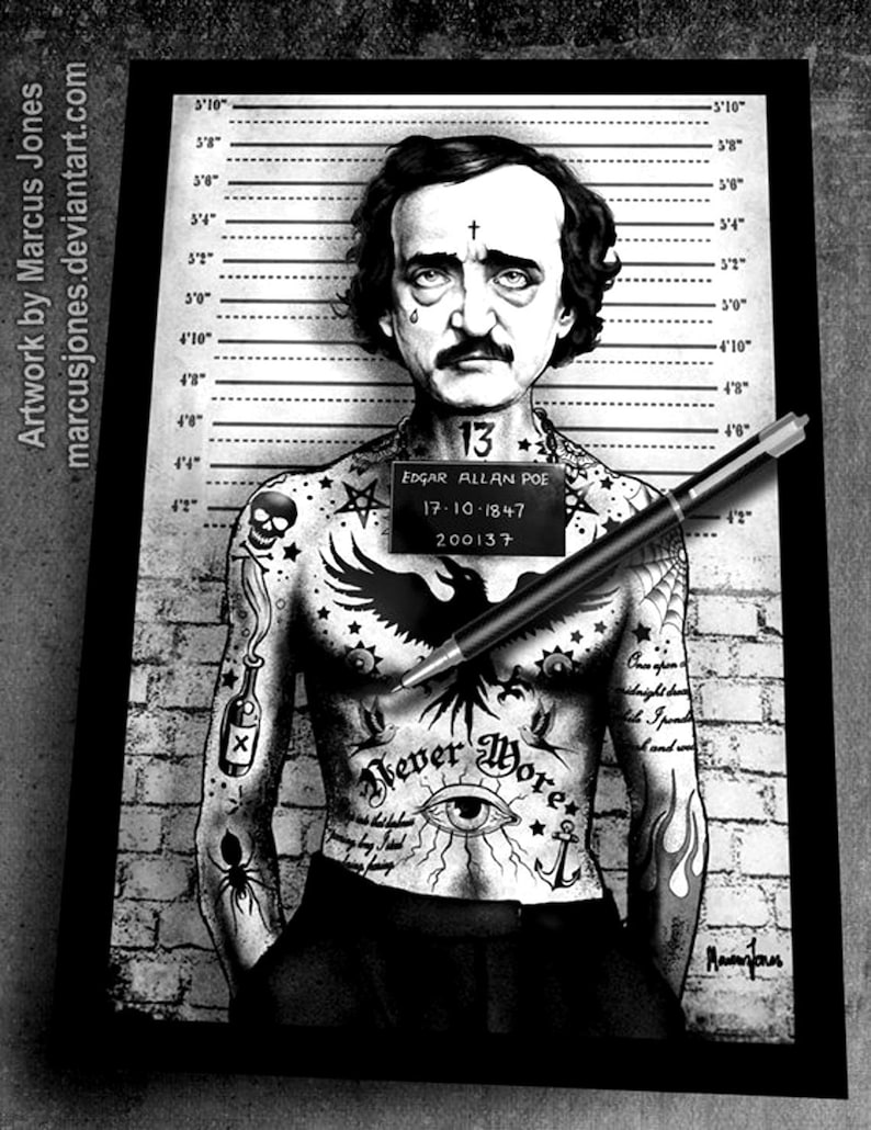 Edgar Allan Poe, Gothic Decor, Gothic Art,Horror Art, Mugshot Art, Arrested Art Print hand Signed by Marcus Jones 16.5 x 11.7 inches image 1