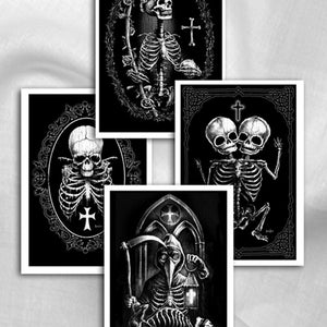 Mort, art gothique, têtes de mort, médecin de la peste, Santa Muerte, occulte, squelette, noir et blanc, décoration d'intérieur, décoration gothique, jeu de cartes postales x 4,