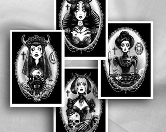 Witch, Black Witch, Gothic Art, Zombie Art, witches, witchcraft, occult, Black and White, home decor, Gothic Decor, Postcard set x 4