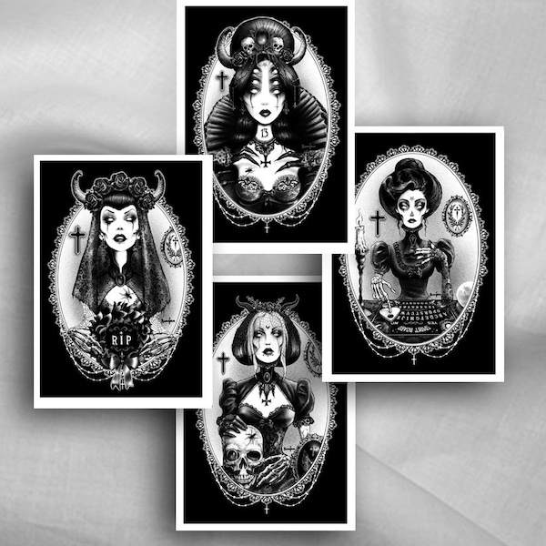 Witch, Black Witch, Gothic Art, Zombie Art, witches, witchcraft, occult, Black and White, home decor, Gothic Decor, Postcard set x 4