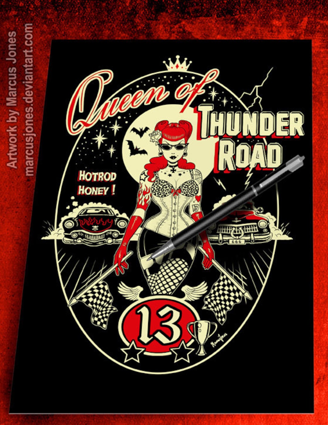 Thunder Road, Rockabilly, Pinup, Tattooed Pinup,art Print