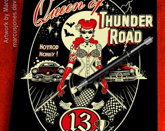 Thunder Road, Rockabilly, Pinup, tattooed Pinup,Art Print,Kustom Art, Lowbrow Art,Hot Rod Art,  Art Print by Marcus Jones