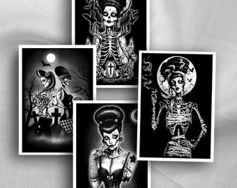 Gothic Art,Zombie Art,  Gothabilly, Rockabilly Zombie Girls ,Graveyard,Black and White, home decor, Crow, Postcard x 4