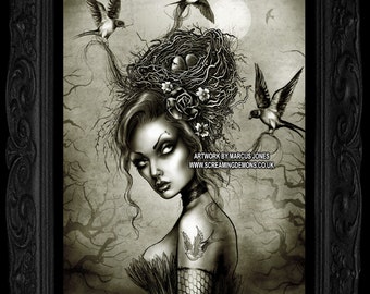 Bird Hair, Gothic, Tattoo Swallow, Art Print by Marcus Jones