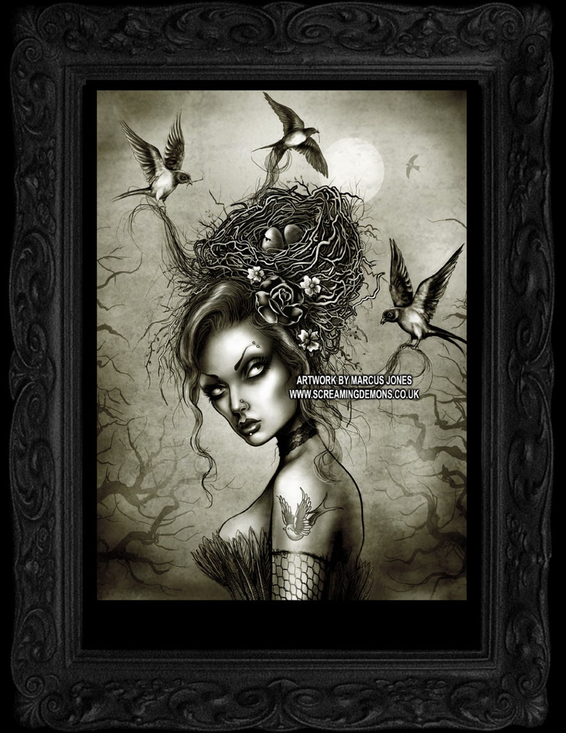 Bird Hair, Gothic, Tattoo Swallow, Art Print by Marcus Jones image 1