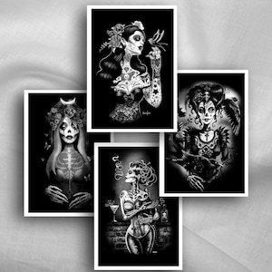 Art gothique, Art du jour des morts, photo du jour des morts, Dia De Los Muertos, noir et blanc, décoration d'intérieur, corbeau, jeu de cartes postales x 4