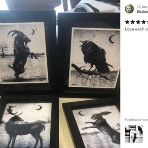 Witch postcards set x 4 , Black Witch, Gothic Art, Witch, Animals, witchcraft, Black and White, Folk Art, home decor, Gothic Decor, image 2