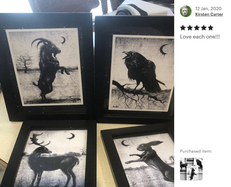 Witch postcards set x 4 , Black Witch, Gothic Art, Witch, Animals, witchcraft, Black and White, Folk Art, home decor, Gothic Decor, image 2