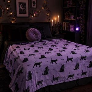 Purple Plaid Velveteen Microfiber black cat and bat Halloween vibe