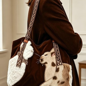 May include: A brown tote bag with a cat design. The bag features a brown suede-like material with a white and brown spotted cat applique. The bag has braided brown straps and a white fluffy accent.