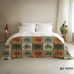 Vintage Palm Tree Patchwork Duvet Cover | Sage Green & Rust Checkered Bedding | 100% Oeko-Tex Cotton | Made in USA Boho Decor