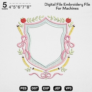 Back to School Monogram Frame, Teacher Crest Embroidery Design, Coquette Pencil Bow Machine Stitch File, Apple Alphabet Digital PES DST