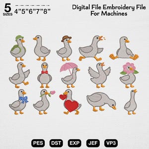 Pode incluir: Arquivo de bordado digital com 15 desenhos de gansos em várias poses, alguns usando chapéus, segurando flores e carregando um coração. O texto no topo diz "Digital File Embroidery File For Machines". Tamanhos disponíveis: 10.16cm, 12.7cm, 15.24cm, 17.78cm e 20.32cm.