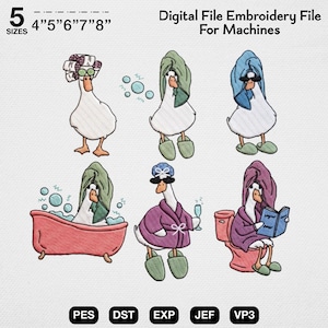 May include: Digital embroidery file for machines featuring six white geese in spa-themed activities. Includes geese with hair rollers, towels, bathrobes, and slippers, plus a red bathtub, toilet, and bubbles. Text reads 5 SIZES 4"5"6"7"8" and Digital File Embroidery File For Machines.