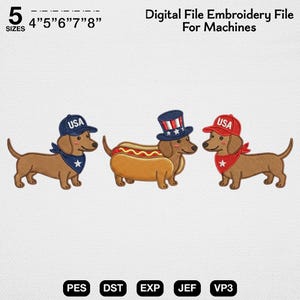 Puede incluir: Archivo de bordado digital para máquinas con tres perros salchicha marrones. Uno lleva una gorra y pañuelo azul con USA, otro está disfrazado de perrito caliente con un sombrero de copa patriótico, y otro lleva una gorra y pañuelo rojo con USA.