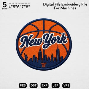 Disegno per ricamo di basket di New York, file per ricamo a macchina con skyline retrò della città, canestro arancione Varsity PES, stadio, tifoso, squadra digitale