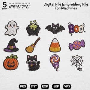 Leuke Halloween borduurset, mini spookpompoen, griezelige zwarte kat vleermuis machineborduurwerk, heksenhoed patch patroon