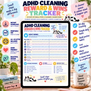 May include: A digital ADHD cleaning reward and wins tracker displayed on a tablet screen. The printable chart features 30 days of daily tasks, goal setting sections, and motivational text with cat illustrations, designed to help build habits.