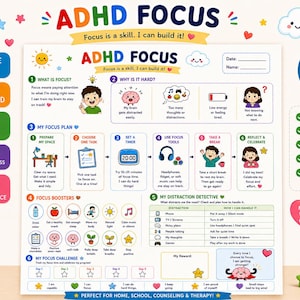 May include: A colourful ADHD Focus educational worksheet for children aged 7-12. The document features sections titled What is Focus, Why is it Hard, My Focus Plan, Focus Boosters, My Distraction Detective, and My Focus Challenge with cartoon illustrations.