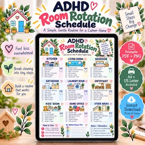 May include: A digital ADHD room rotation schedule displayed on a tablet screen, featuring a colorful checklist for cleaning tasks across various home areas, including kitchen, living room, bedroom, bathroom, laundry room, and home office sections.