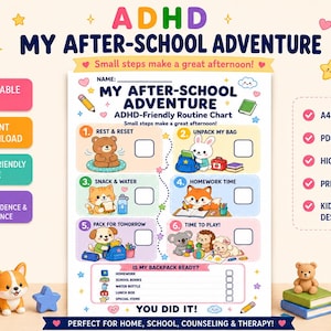 Puede incluir: Una tabla de rutinas imprimible para el TDAH titulada My After-School Adventure que presenta seis pasos numerados con animales de dibujos animados, casillas de verificación y una lista de control para artículos de mochila.