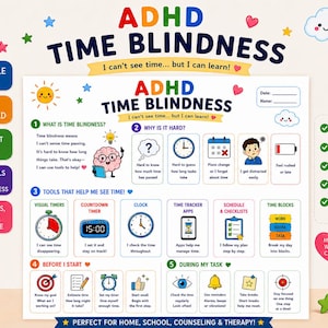 Könnte beinhalten: Ein ausdruckbares pädagogisches Arbeitsblatt zum Thema ADHS und Zeitblindheit für Kinder mit farbenfrohen Illustrationen, Erklärtexten und visuellen Hilfsmitteln. Das Dokument enthält Abschnitte zum Zeitverständnis, Herausforderungen und Strategien.