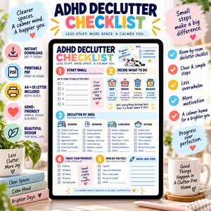 May include: A digital ADHD declutter checklist displayed on a tablet screen, featuring five numbered steps, checkboxes for organising rooms like the bedroom and kitchen, and motivational text including 'Progress over perfection' and 'Start small'.