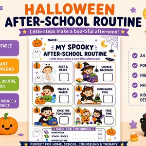 Peut inclure: Un tableau de routine périscolaire imprimable sur le thème d'Halloween pour enfants, comprenant six étapes numérotées avec des illustrations de personnages costumés, des fantômes, des citrouilles et des chauves-souris, avec des cases à cocher.