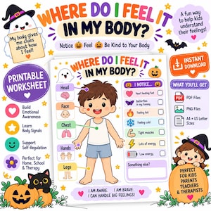 Può includere: Un foglio di lavoro stampabile intitolato Where Do I Feel It In My Body? con un'illustrazione centrale di un bambino con linee che indicano parti del corpo come testa, viso, petto, mani e gambe, accanto a una lista di sensazioni.