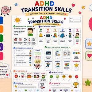 May include: A printable ADHD transition skills worksheet for children featuring colourful icons, numbered sections, and text prompts. The document includes a transition plan, checklist, tools, and reward tracker, with a white background and vibrant graphics.
