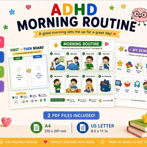May include: A digital ADHD morning routine chart set including a First-Then board, a morning routine checklist with eight illustrated steps, and a reward chart. The documents are available in A4 210 x 297 mm and US Letter 8.5 x 11 in sizes.