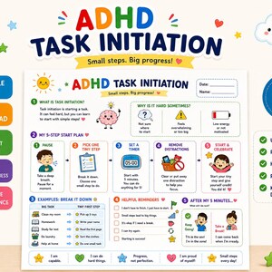 Hoja de trabajo imprimible para niños con TDAH sobre el inicio de tareas. Actividades de función ejecutiva. Recurso para orientadores escolares. PDF imprimible sobre aprendizaje socioemocional (SEL).