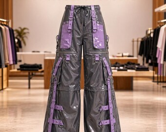 Pantalones cargo de PVC brillante estilo techwear, pierna ancha, correa, estilo streetwear unisex