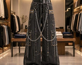 Pantaloni cargo in denim nero con catena, gamba larga, stile gotico, techwear, streetwear