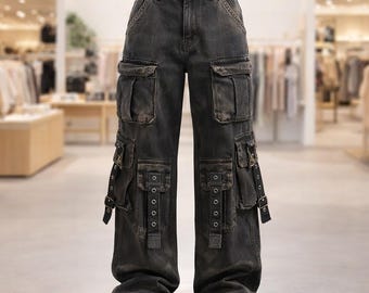 Pantalones cargo góticos de mezclilla lavada negra para mujer, pierna ancha, estilo streetwear.