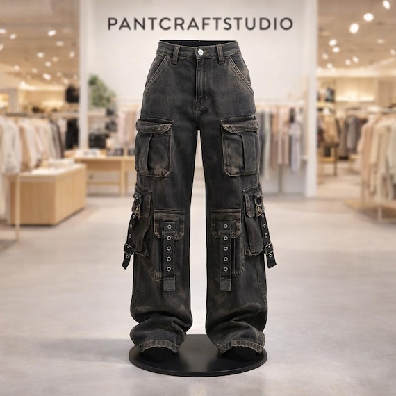 Black Washed Denim Gothic Cargo Pants Women Wide Leg Streetwear Black Washed Denim Gothic Cargo Pants Women Wide Leg Streetwear