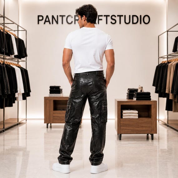 Handmade Men Black Crocodile Cargo Pants Men Gothic Streetwear