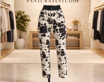 Pantalones unisex de piel de vaca con pelo y estampado de vaca, de pierna recta.