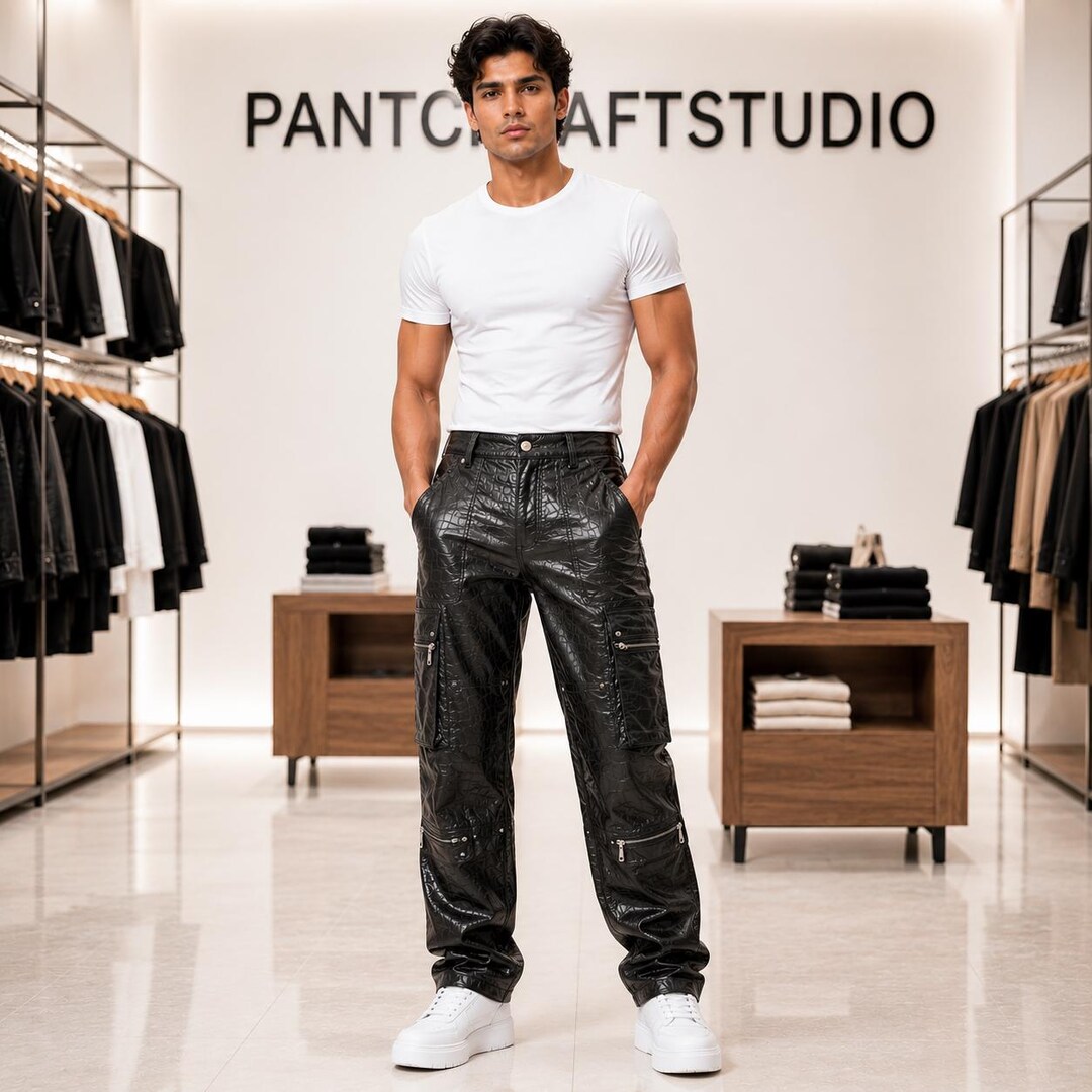 Handmade Men Black Crocodile Cargo Pants Men Gothic Streetwear