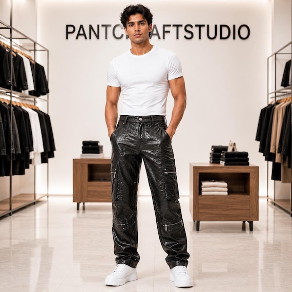 Handmade Men Black Crocodile Cargo Pants Men Gothic Streetwear