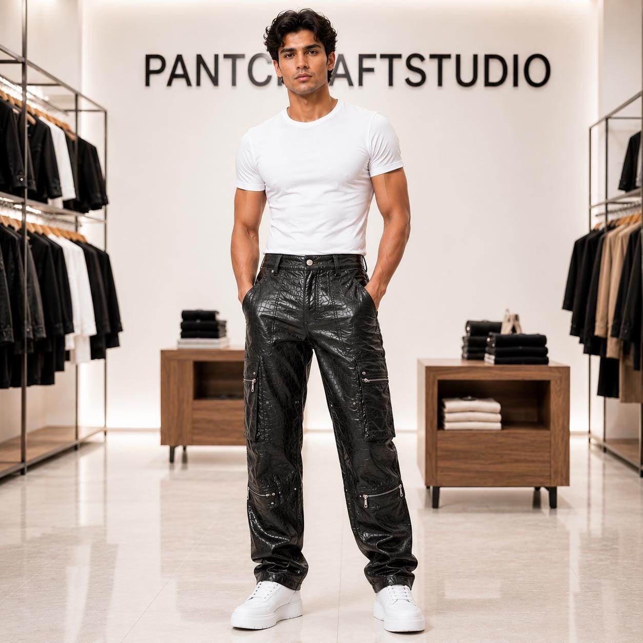 Handmade Men Black Crocodile Cargo Pants Men Gothic Streetwear