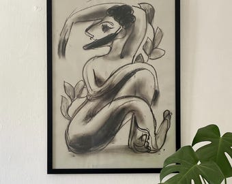 Dynamische houtskoolfiguurkunstdruk – Modern minimalistisch muurdecor