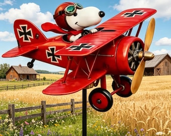 White Dog Ace Pilot Biplane Wind Spinner, Vintage WWI Aviation Garden Decor，2D